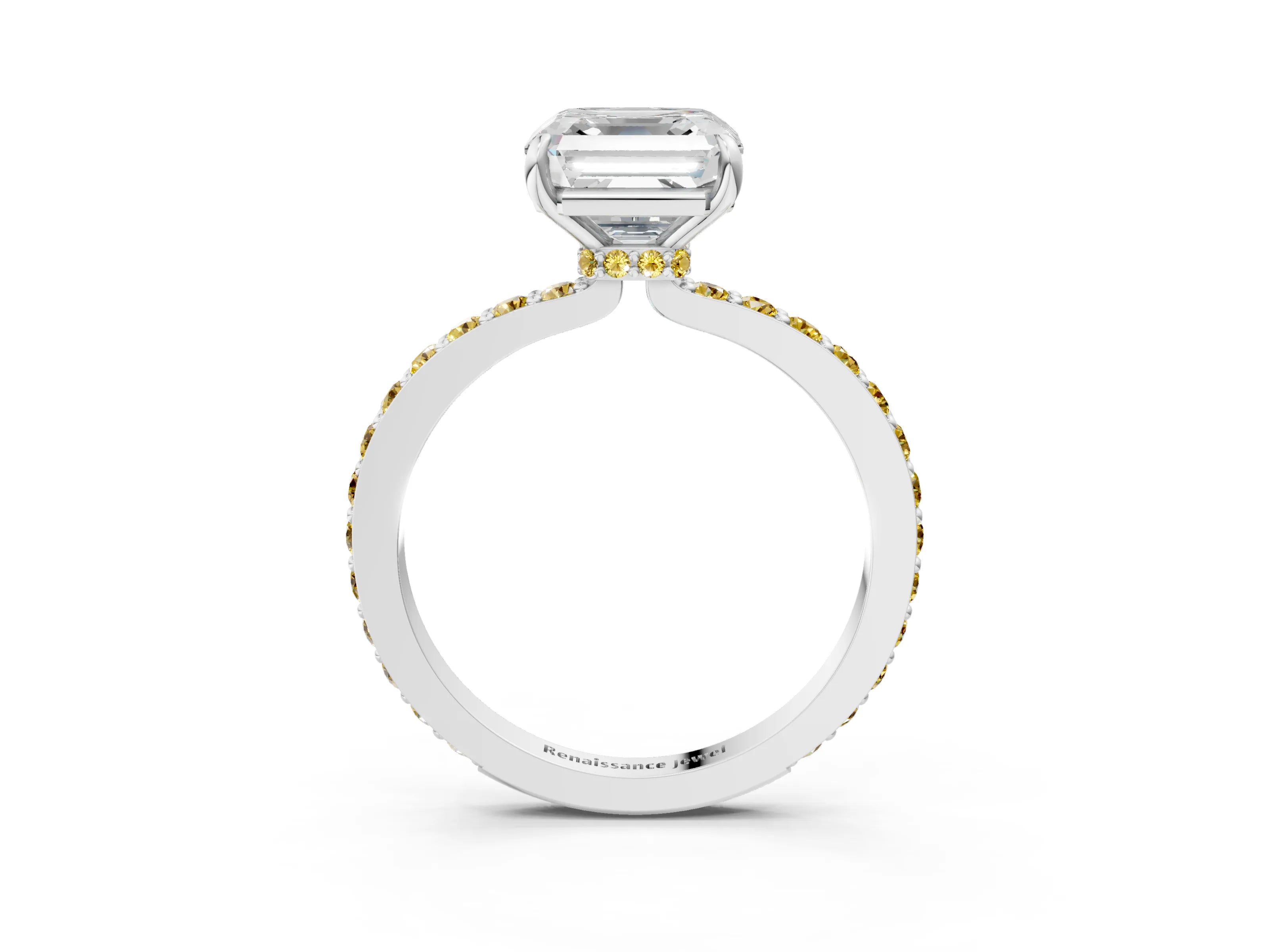 White gold Asscher Cut Diamond Pavé Engagement Ring with Round with Yellow Sapphire side stone Accents and Prong Setting_3