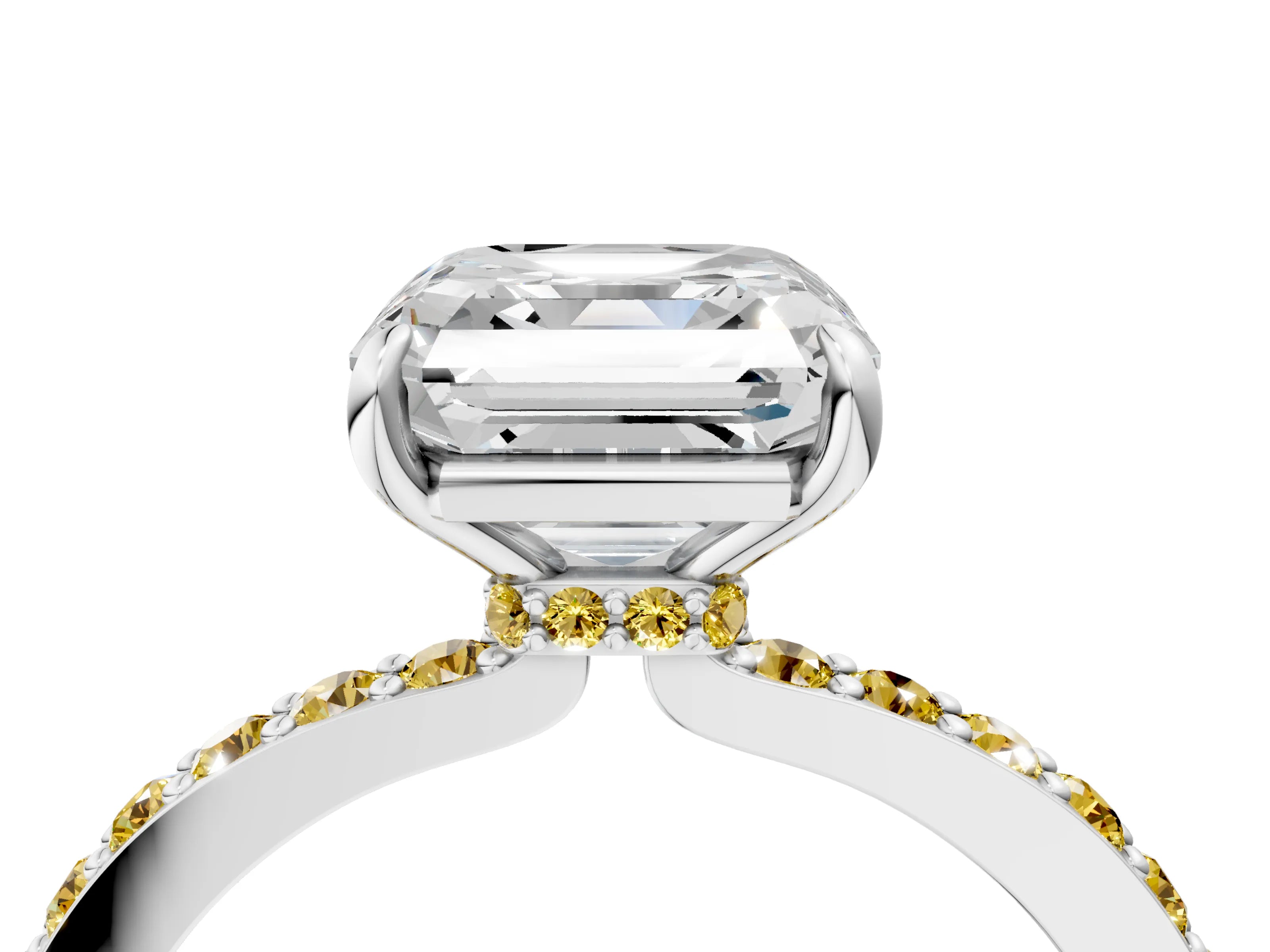 White gold Asscher Cut Diamond Pavé Engagement Ring with Round with Yellow Sapphire side stone Accents and Prong Setting_4