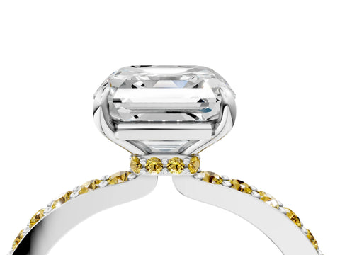White gold Asscher Cut Diamond Pavé Engagement Ring with Round with Yellow Sapphire side stone Accents and Prong Setting_4