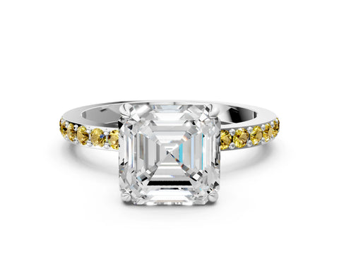 White gold Asscher Cut Diamond Pavé Engagement Ring with Round with Yellow Sapphire side stone Accents and Prong Setting
