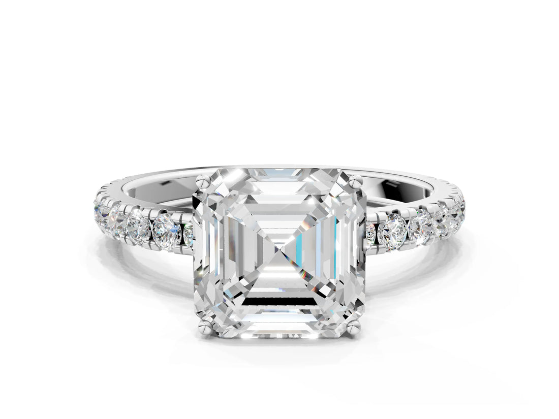 White gold Asscher Cut Diamond Pavé Solitaire Engagement Ring with Four-Prong Setting_90