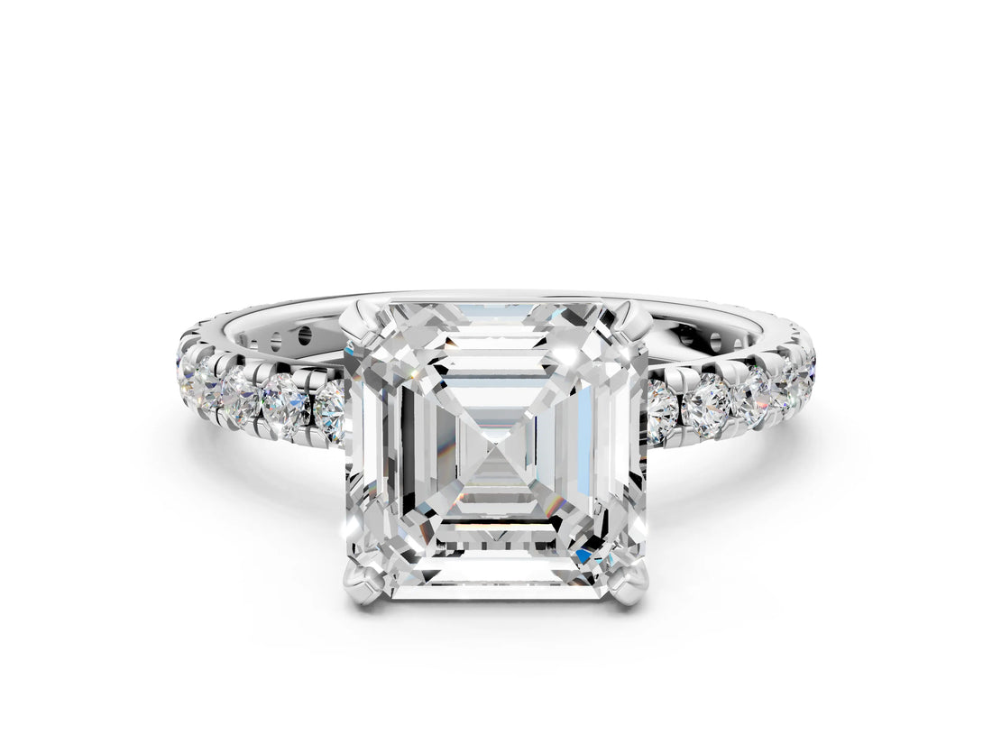 White gold Asscher Cut Diamond Pavé Solitaire Ring with Round Band and Prong Setting_16