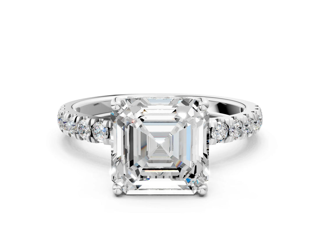 White gold Asscher Cut Diamond Pave Band Solitaire Ring with Four-Prong Setting_39