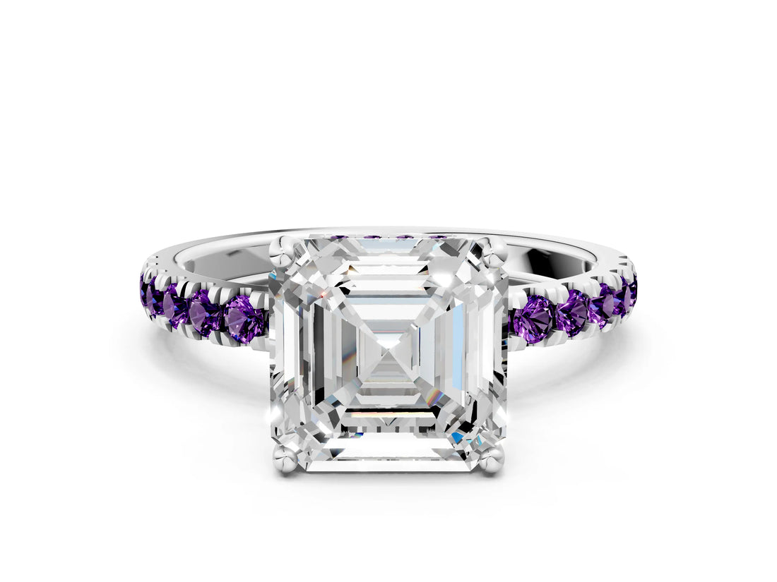 White gold Asscher Cut Diamond Pave Band Solitaire Ring with Round with Amethyst side stone and Prong Setting_12