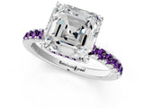 White gold Asscher Cut Diamond Pave Band Solitaire Ring with Round with Amethyst side stone and Prong Setting_13