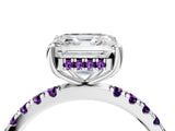 White gold Asscher Cut Diamond Pave Band Solitaire Ring with Round with Amethyst side stone and Prong Setting_4