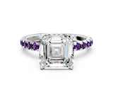 White gold Asscher Cut Diamond Pave Band Solitaire Ring with Round with Amethyst side stone and Prong Setting