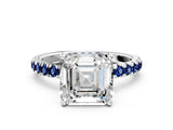 White gold Asscher Cut Diamond Pave Band Solitaire Ring with Round with Blue Sapphire side stone and Prong Setting_12