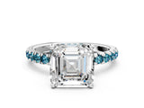 White gold Asscher Cut Diamond Pave Band Solitaire Ring with Round with Blue Topaz side stone and Prong Setting_36