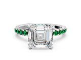 White gold Asscher Cut Diamond Pave Band Solitaire Ring with Round with Emerald side stone and Prong Setting_12