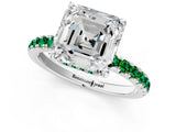 White gold Asscher Cut Diamond Pave Band Solitaire Ring with Round with Emerald side stone and Prong Setting_13