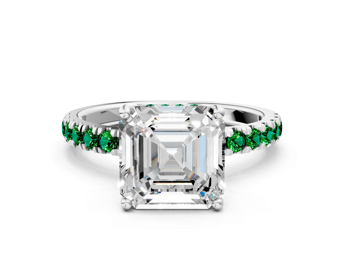 White gold Asscher Cut Diamond Pave Band Solitaire Ring with Round with Emerald side stone and Prong Setting_24