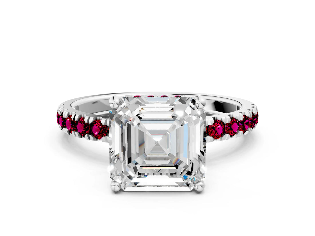 White gold Asscher Cut Diamond Pave Band Solitaire Ring with Round with Garnet side stone and Prong Setting_24