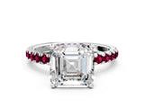 White gold Asscher Cut Diamond Pave Band Solitaire Ring with Round with Garnet side stone and Prong Setting_24