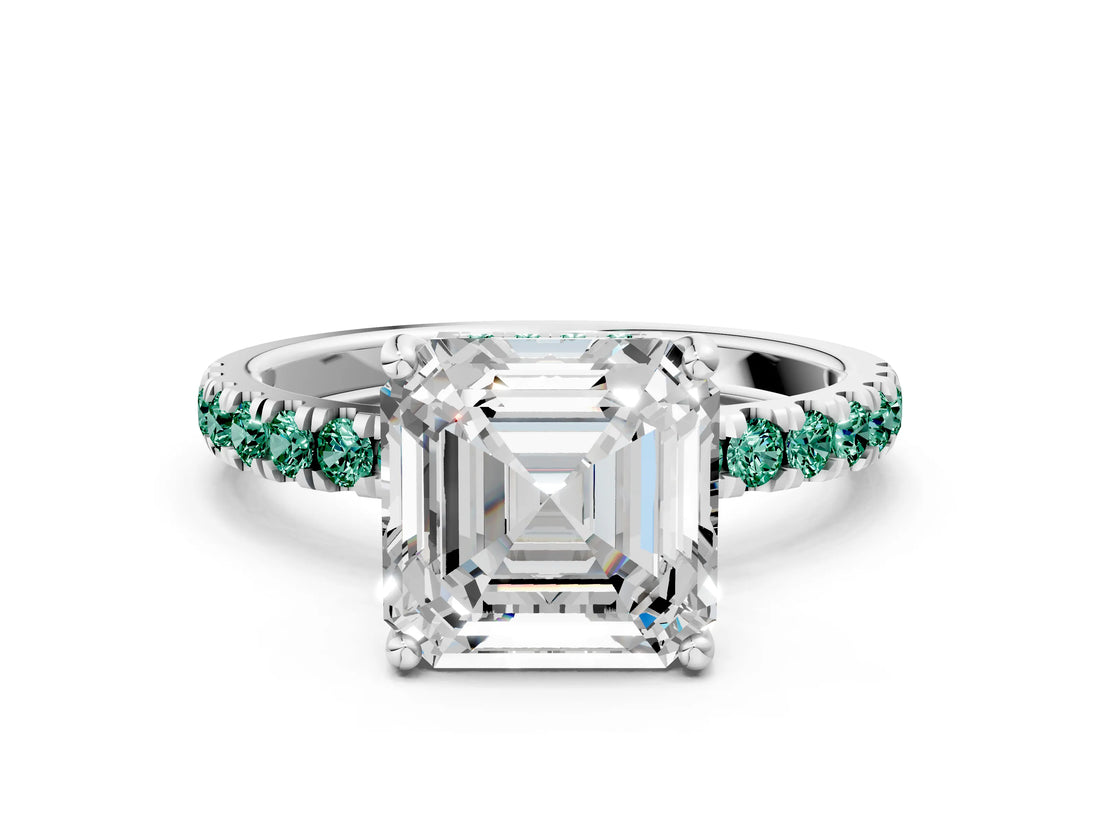 White gold Asscher Cut Diamond Pave Band Solitaire Ring with Round with Green Sapphire side stone and Prong Setting_24