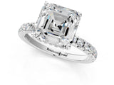 White gold Asscher Cut Diamond Pave Band Solitaire Ring with Round with Moissanite side stone and Prong Setting_37