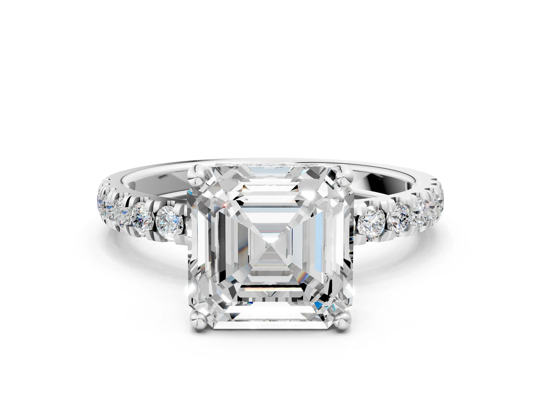 White gold Asscher Cut Diamond Pave Band Solitaire Ring with Round with Moissanite side stone and Prong Setting_43