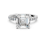 White gold Asscher Cut Diamond Pave Band Solitaire Ring with Round with Moissanite side stone and Prong Setting_43