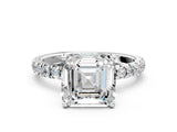 White gold Asscher Cut Diamond Pave Band Solitaire Ring with Round with Moissanite side stone and Prong Setting_48