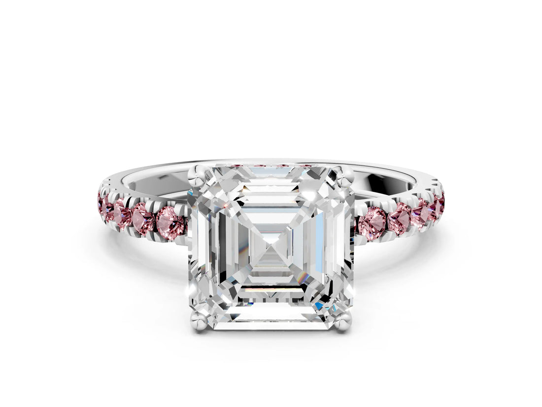 White gold Asscher Cut Diamond Pave Band Solitaire Ring with Round with Morganite side stone and Prong Setting_24