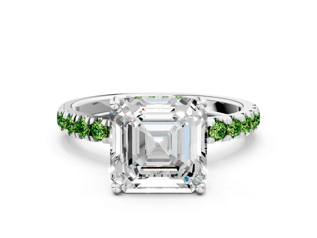 White gold Asscher Cut Diamond Pave Band Solitaire Ring with Round with Peridot side stone and Prong Setting_12