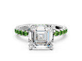 White gold Asscher Cut Diamond Pave Band Solitaire Ring with Round with Peridot side stone and Prong Setting_12