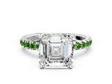 White gold Asscher Cut Diamond Pave Band Solitaire Ring with Round with Peridot side stone and Prong Setting