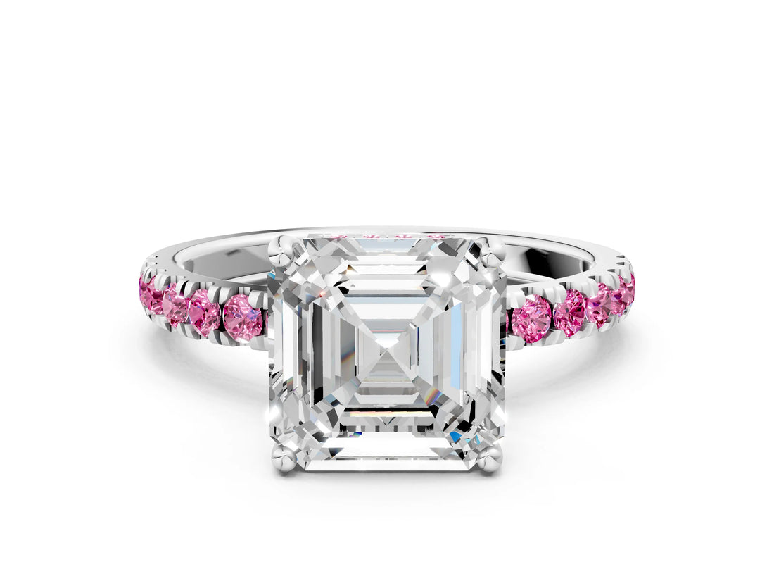 White gold Asscher Cut Diamond Pave Band Solitaire Ring with Round with Pink Sapphire side stone and Prong Setting_24