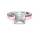 White gold Asscher Cut Diamond Pave Band Solitaire Ring with Round with Pink Sapphire side stone and Prong Setting_24