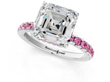 White gold Asscher Cut Diamond Pave Band Solitaire Ring with Round with Pink Sapphire side stone and Prong Setting_25