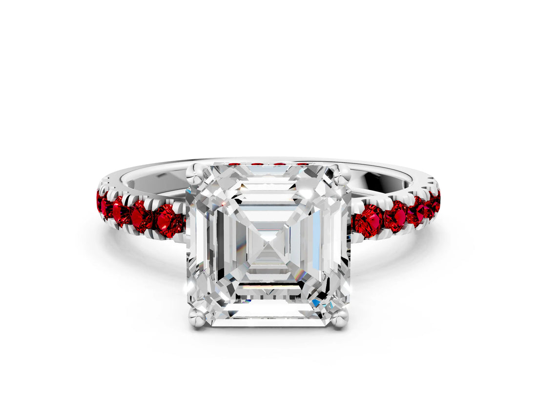 White gold Asscher Cut Diamond Pave Band Solitaire Ring with Round with Ruby side stone and Prong Setting_48