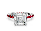 White gold Asscher Cut Diamond Pave Band Solitaire Ring with Round with Ruby side stone and Prong Setting_48