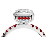 White gold Asscher Cut Diamond Pave Band Solitaire Ring with Round with Ruby side stone and Prong Setting_64