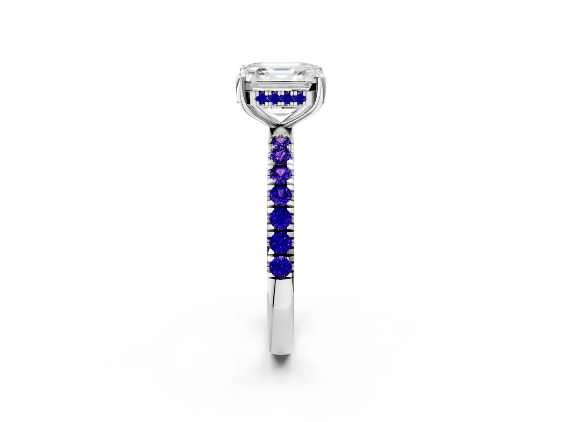 White gold Asscher Cut Diamond Pave Band Solitaire Ring with Round with Tanzanite side stone and Prong Setting_12