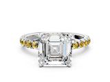 White gold Asscher Cut Diamond Pave Band Solitaire Ring with Round with Yellow Sapphire side stone and Prong Setting_36