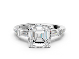 Silver 2.02 Carat D VVS1 Asscher Cut Diamond Ring with Baguette Side Stones, Channel Set Band, and Four-Prong Setting