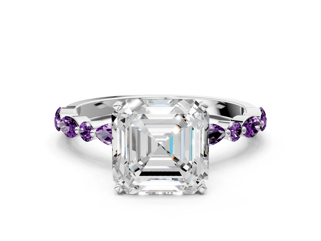 White gold Asscher Cut Diamond Ring with Marquise and Round with Amethyst side stone Side Stones and Four-Prong Setting_12