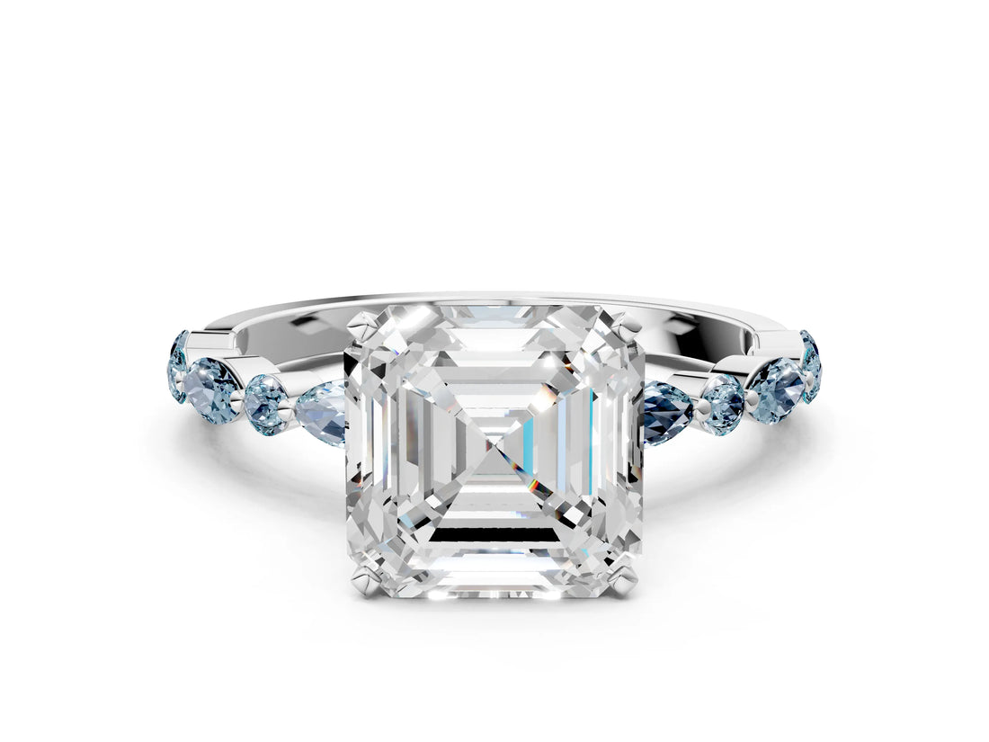 White gold Asscher Cut Diamond Ring with Marquise and Round with Aquamarine side stone Side Stones and Four-Prong Setting_12