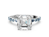 White gold Asscher Cut Diamond Ring with Marquise and Round with Aquamarine side stone Side Stones and Four-Prong Setting_24