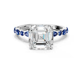 White gold Asscher Cut Diamond Ring with Marquise and Round with Blue Sapphire side stone Side Stones and Four-Prong Setting_36