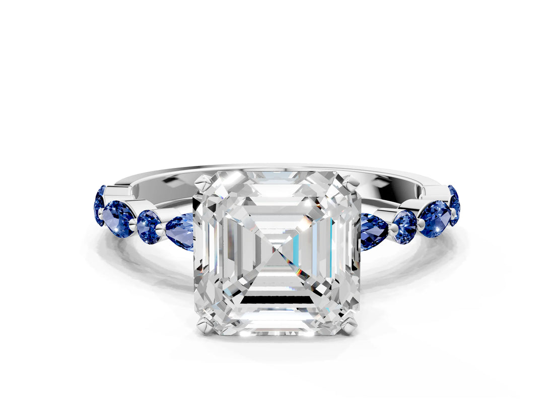 White gold Asscher Cut Diamond Ring with Marquise and Round with Blue Sapphire side stone Side Stones and Four-Prong Setting_36