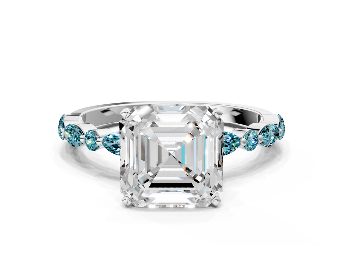 White gold Asscher Cut Diamond Ring with Marquise and Round with Blue Topaz side stone Side Stones and Four-Prong Setting_24