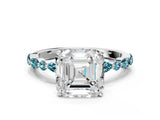White gold Asscher Cut Diamond Ring with Marquise and Round with Blue Topaz side stone Side Stones and Four-Prong Setting_24