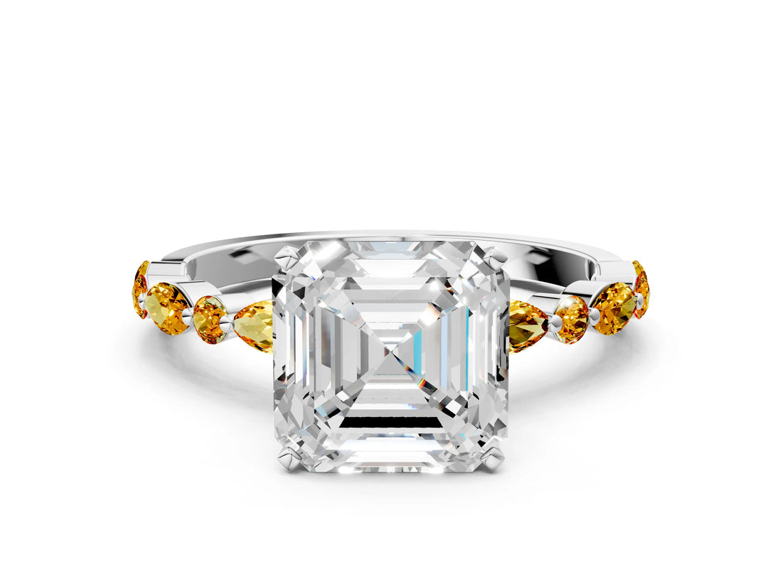 White gold Asscher Cut Diamond Ring with Marquise and Round with Citrine side stone Side Stones and Four-Prong Setting_12