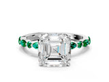 White gold Asscher Cut Diamond Ring with Marquise and Round with Emerald side stone Side Stones and Four-Prong Setting_48