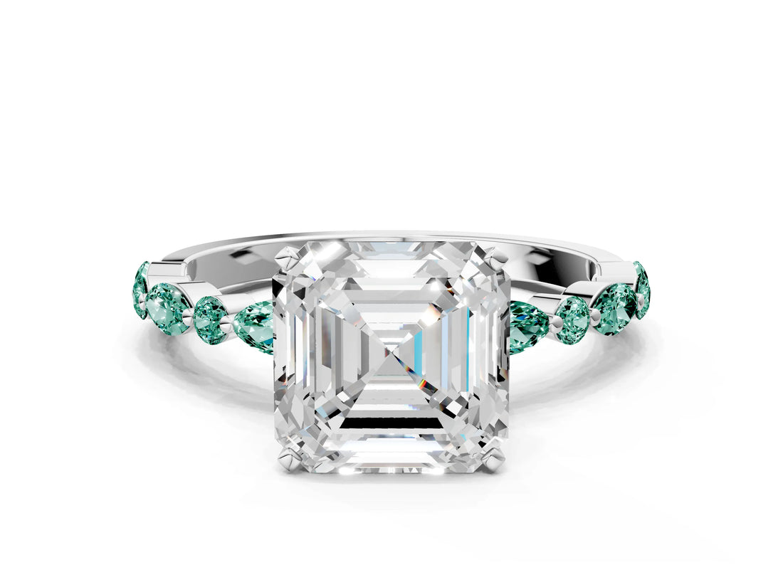White gold Asscher Cut Diamond Ring with Marquise and Round with Green Sapphire side stone Side Stones and Four-Prong Setting