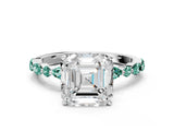 White gold Asscher Cut Diamond Ring with Marquise and Round with Green Sapphire side stone Side Stones and Four-Prong Setting_12