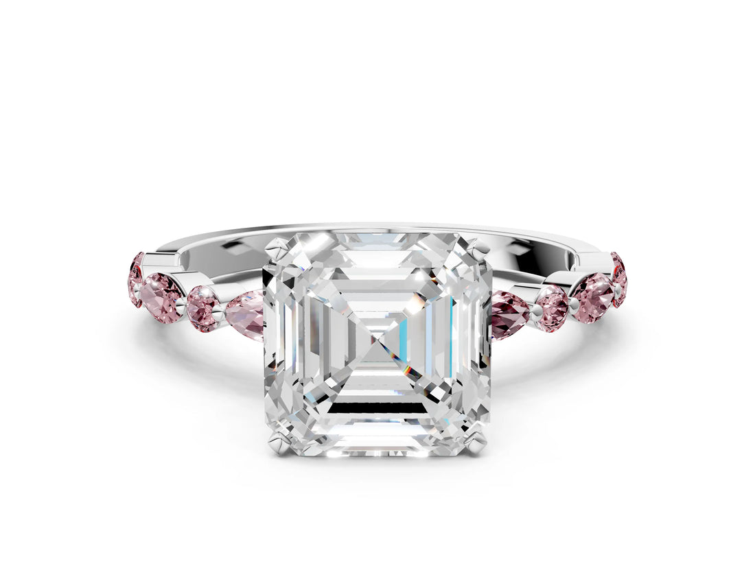 White gold Asscher Cut Diamond Ring with Marquise and Round with Morganite side stone Side Stones and Four-Prong Setting_24