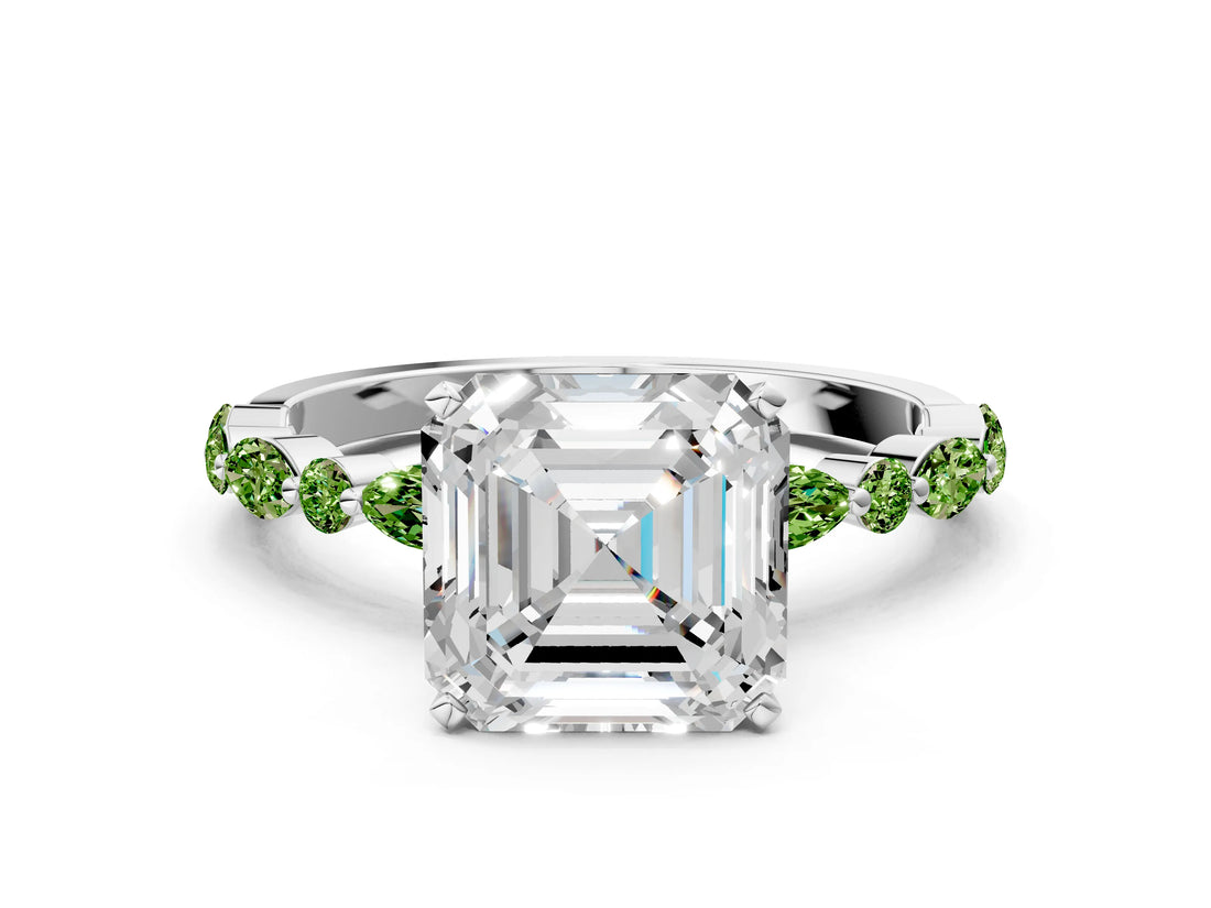 White gold Asscher Cut Diamond Ring with Marquise and Round with Peridot side stone Side Stones and Four-Prong Setting