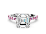 White gold Asscher Cut Diamond Ring with Marquise and Round with Pink Sapphire side stone Side Stones and Four-Prong Setting_12